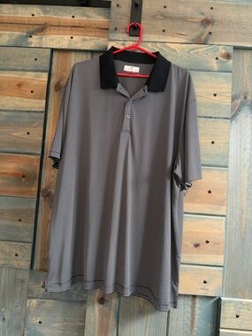 Men's Black & White Striped Polo Shirt with Black Collar